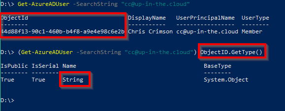 Variable type of a ObjectID GUID read with the AzureAD module is String