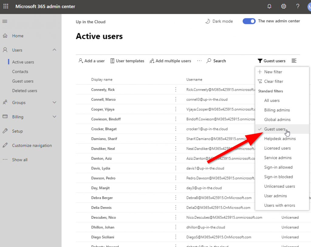Screenshot of the O365 Admin portal: Filter for guest users