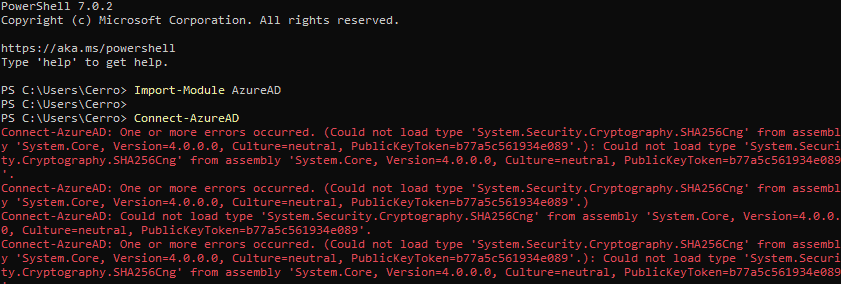Screenshot with PowerShell cmdlet Connect-AzureAD failing under PowerShell 7