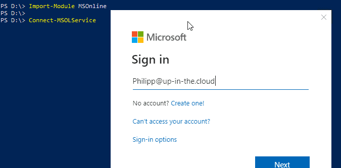 Screenshot with PowerShell cmdlet Connect-MSOLService to connect to an O365 / Azure AD tenant