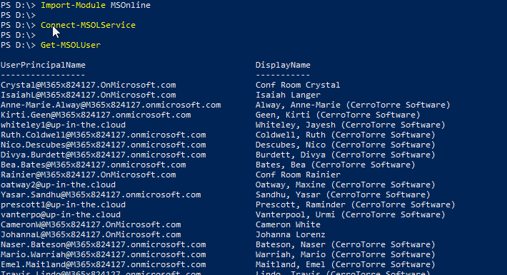 Screenshot with PowerShell cmdlet GET-MSOLUser