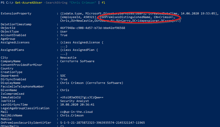 Screenshot with PowerShell cmdlet Get-AzureAD with a look on the ExtensionProperty