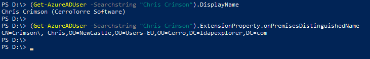 Screenshot with PowerShell cmdlet Get-AzureAD with access to the onPremisesDistinguishedName property
