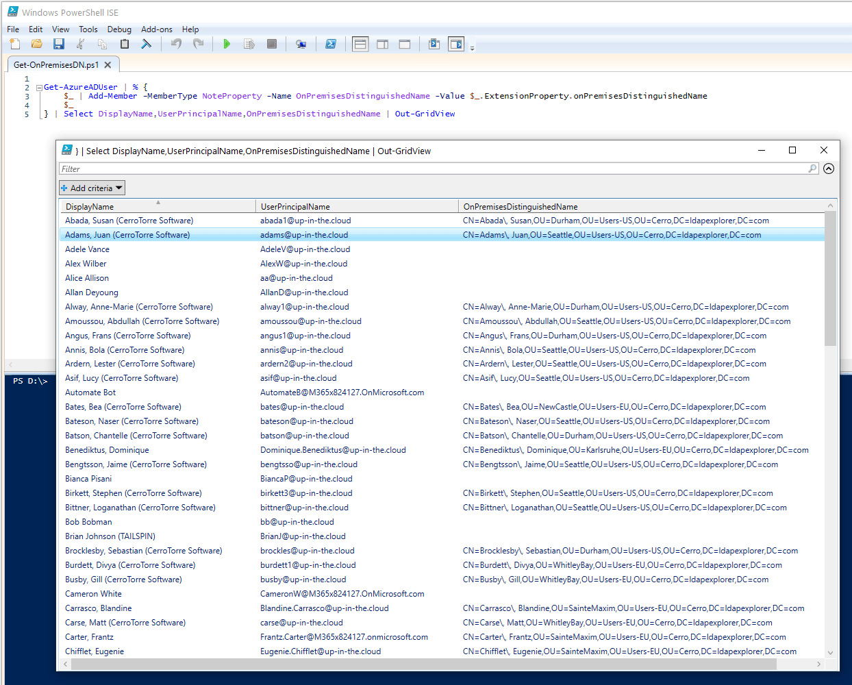 Screenshot with PowserShell ISE, creating a user proptery with the onPremisesDistinguishedName