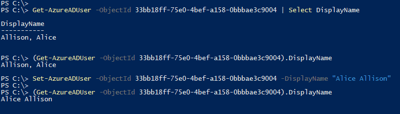 Screenshot with PowerShell cmdlets Get-AzureADUser and Set-AzureADUser to access the DisplayName property