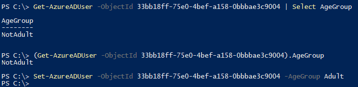 Screenshot with PowerShell cmdlets Get-AzureADUser and Set-AzureADUser to access the AgeGroup property