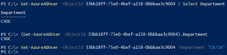 Screenshot with PowerShell cmdlets Get-AzureADUser and Set-AzureADUser to access the Department property