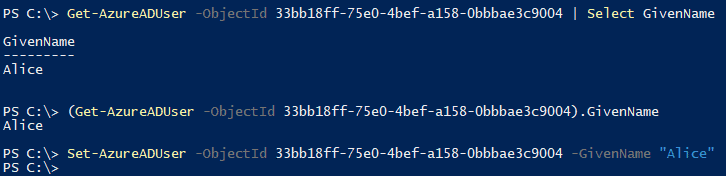 Screenshot with PowerShell cmdlets Get-AzureADUser and Set-AzureADUser to access the GivenName property