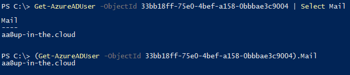 Screenshot with PowerShell cmdlets Get-AzureADUser to access the Mail property