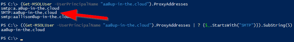 Screenshot with PowerShell cmdlets Get-MSOL User to get the primary email address