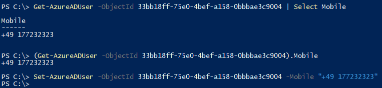 Screenshot with PowerShell cmdlets Get-AzureADUser and Set-AzureADUser to access the Mobile property