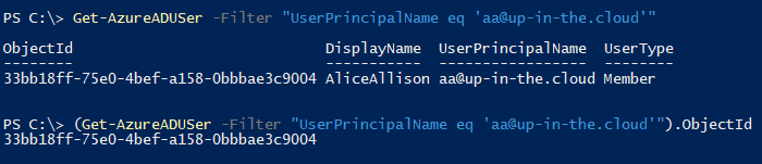 Screenshot with PowerShell cmdlets Get-AzureADUser to access the ObjectId property