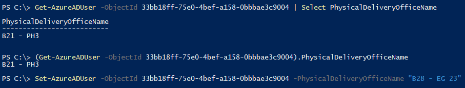 Screenshot with PowerShell cmdlets Get-AzureADUser and Set-AzureADUser to access the PhysicalDeliveryOfficeName property