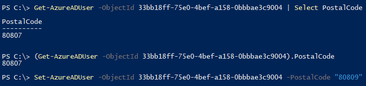 Screenshot with PowerShell cmdlets Get-AzureADUser and Set-AzureADUser to access the PostalCode property