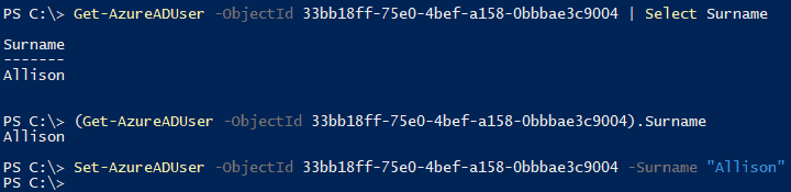 Screenshot with PowerShell cmdlets Get-AzureADUser and Set-AzureADUser to access the Surname property
