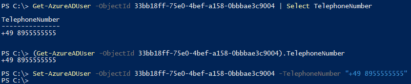 Screenshot with PowerShell cmdlets Get-AzureADUser and Set-AzureADUser to access the TelephoneNumber property