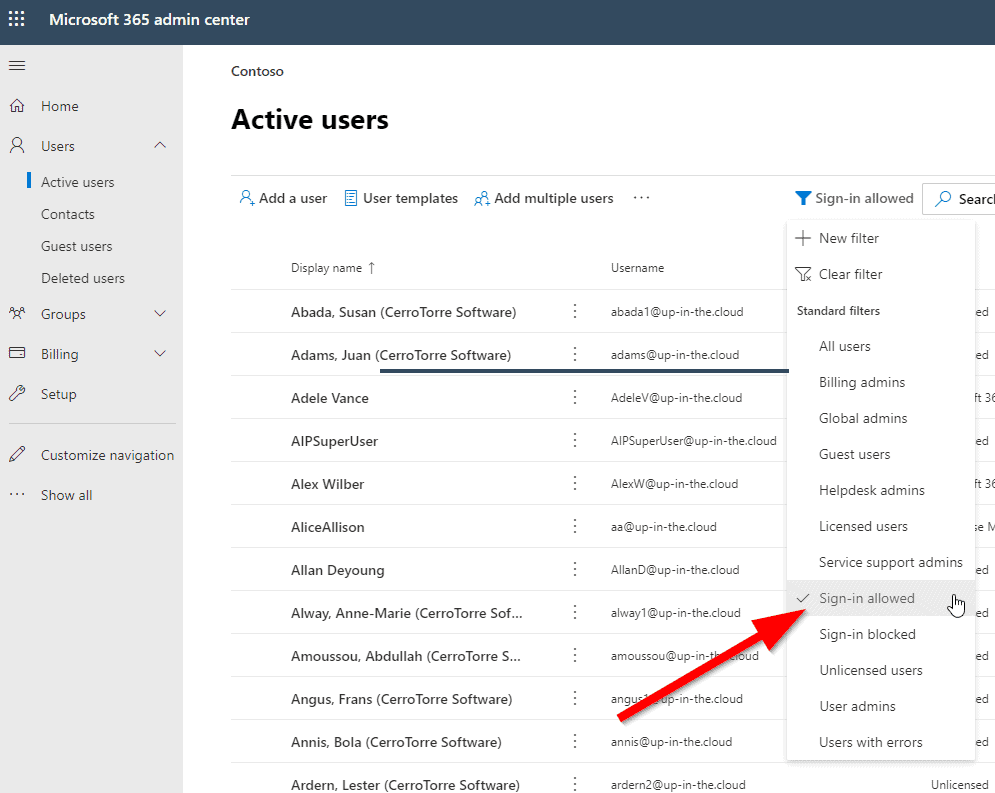 Screenshot of the O365 Admin portal: Filter for users which are not blocked (sign-in allowed)