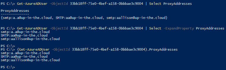 Screenshot with PowerShell cmdlets Get-AzureADUser to access the ProxyAddresses property
