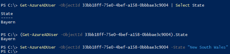 Screenshot with PowerShell cmdlets Get-AzureADUser and Set-AzureADUser to access the State property