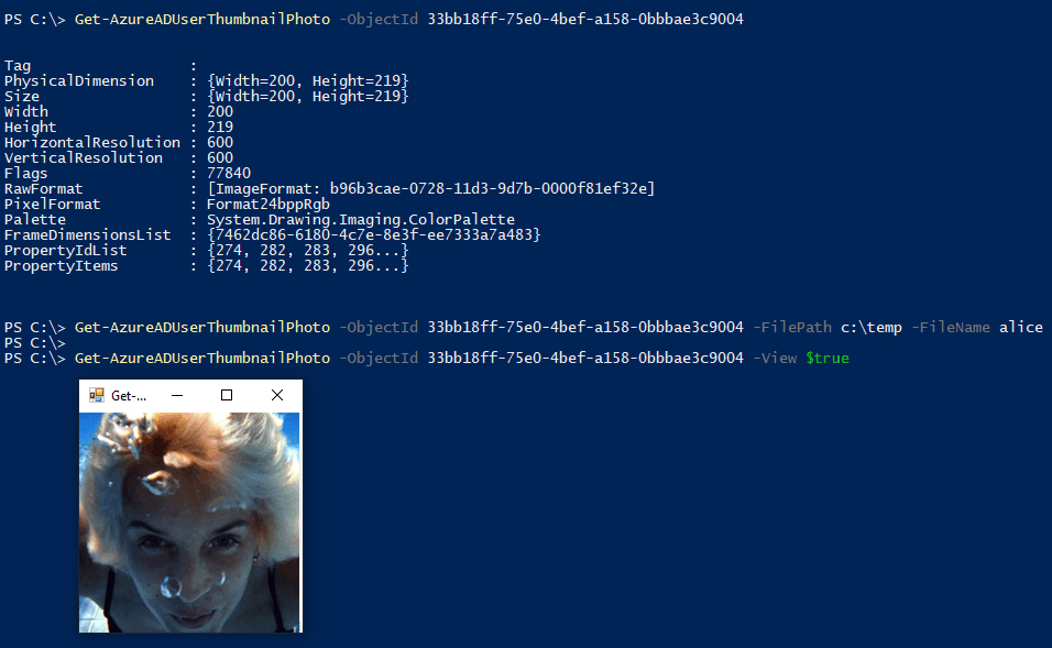 Screenshot with PowerShell cmdlets Get-AzureADUserThumbnailPhoto to get the ThumbnailPhoto picture