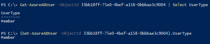 Screenshot with PowerShell cmdlets Get-AzureADUser to get the UserType property