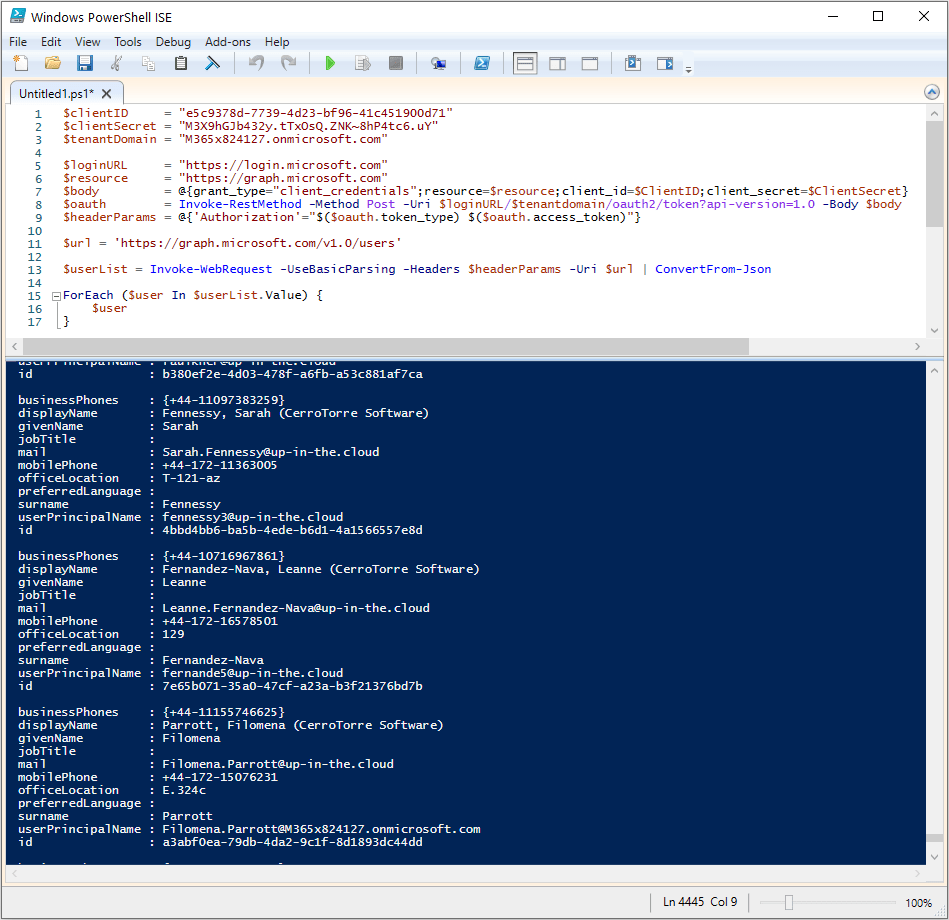 Screenshot of the PowerShell ISE: Getting the Azure AD User list with Microsoft Graph