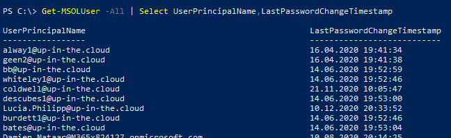 Screenshot with the Get-MSOLUser PowerShell cmdlet to get the password change timestamp of the AzureAD users