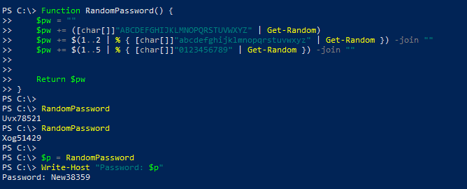 Screenshot which demonstrates how to use the RandomPassword function which auto-generates a password.
