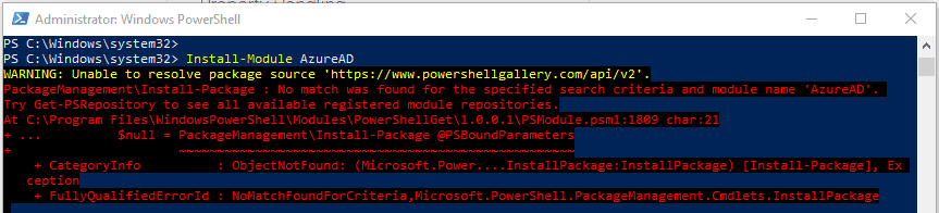 Screenshot with a error message of the PowerShell cmdlet Install-Module