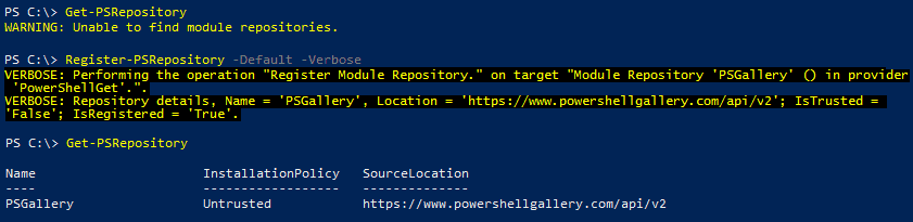 Screenshot with the PowerShell cmdlet Register-PSRepository