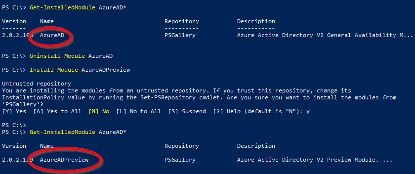 Screenshot with the PowerShell cmdlets Uninstall-Module and Install-Module