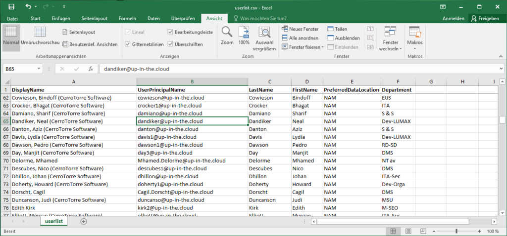CSV file with a list of Azure AD user accuont with properties, opened in Excel