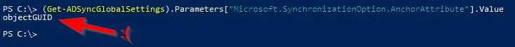Screenshot of how to get the source anchor attribute with the PowerShell cmdlet Get-ADSyncGlobalSetting (it's the objectGUID)