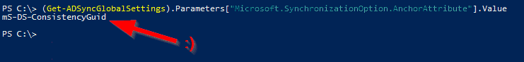 Screenshot of how to get the source anchor attribute with the PowerShell cmdlet Get-ADSyncGlobalSetting (it's the mS-DS-ConsistencyGUID)