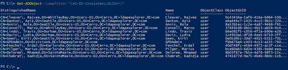 Screenshot with the PowerShell cmdlet Get-ADObject: How to find local AD objects with mS-DS-ConsistencyGUID attribute set