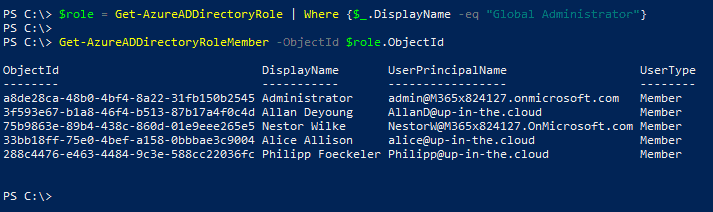 Screenshot with the PowerShell cmdlets Get-AzureADDirectoryRole and Get-AzureADDirectoryRoleMember