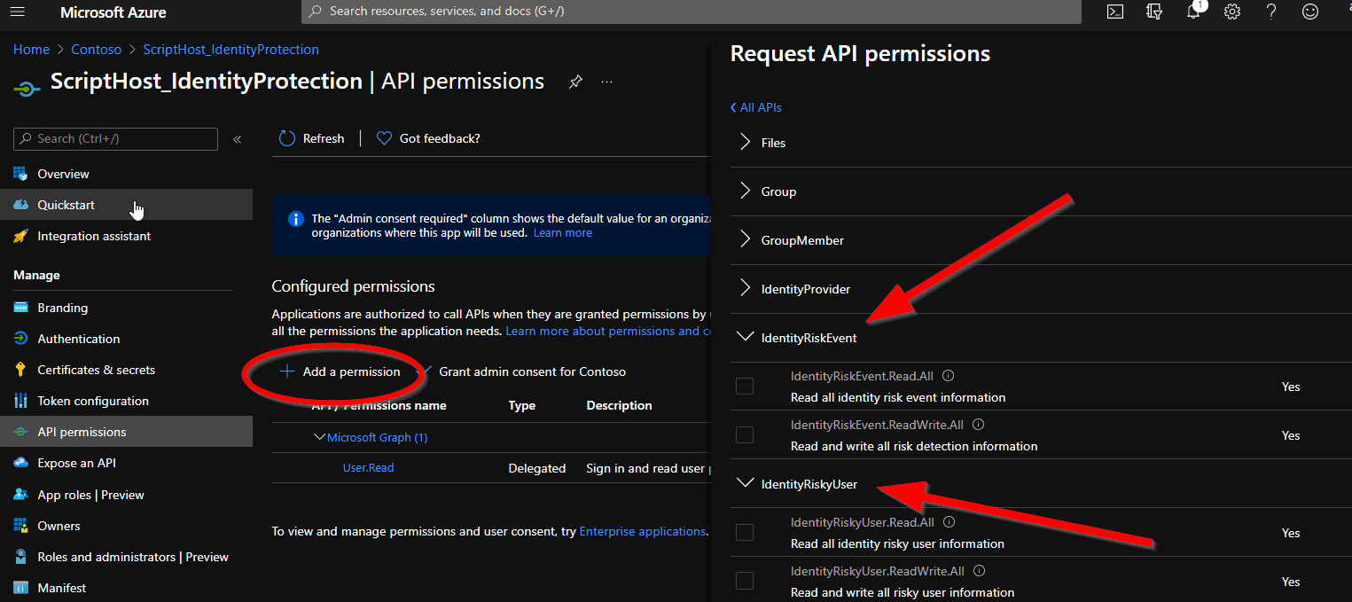 Screenshot of the Azure AD Portal for granting Graph permissions for scripting Identity Protection.