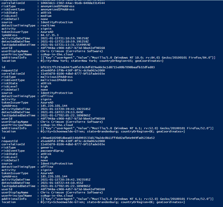 Screenshot with the output of PowerShell scripting which gets the Azure AD Identity Protection Risk etections list
