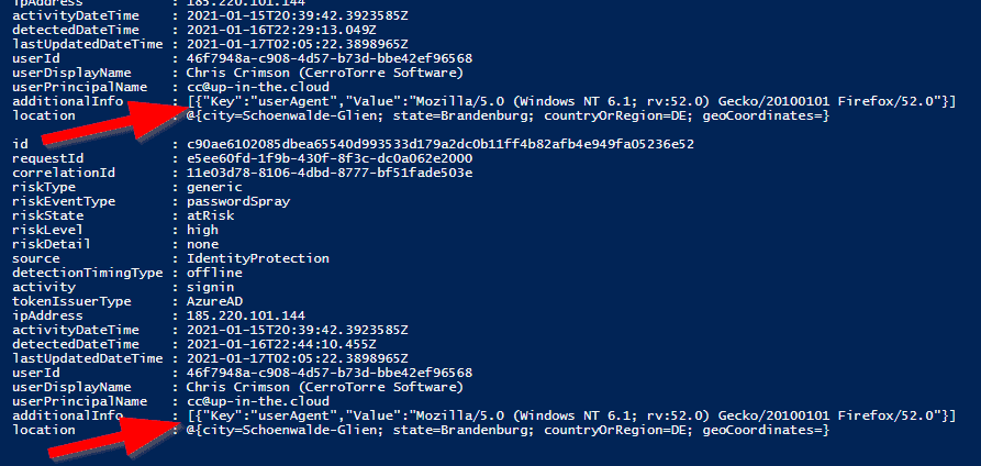 Screenshot with the list of reisk detections, scripted with PowerShell, to show which properties are aggregated sub arrays