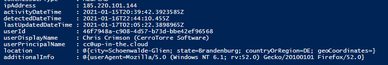 Screenshot with the list of reisk detections, scripted with PowerShell, to show how to structure the raw JSON data from 'additionalInfo'