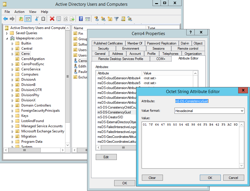 Screenshot from the AD USers and Computers tool: Accessing the mS-DS-ConsistencyGUID attribute
