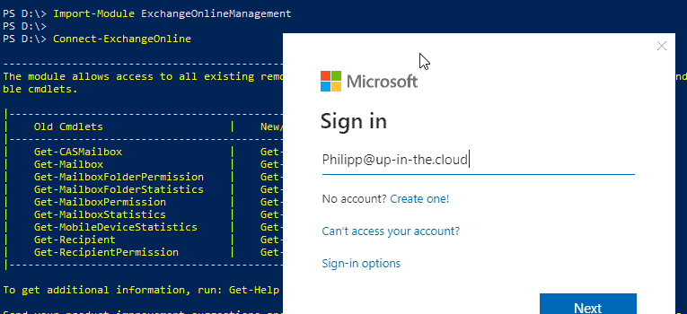 Screenshot with PowerShell cmdlet Connect-ExchangeOnline to connect to an O365 / Exchange Online tenant